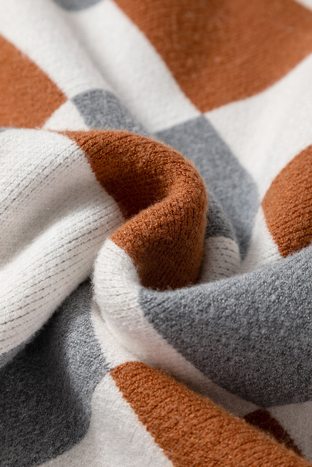 Brown Plus Size Checkered Crewneck Sweater Cozy Knit Dear-Lover Dropshipping